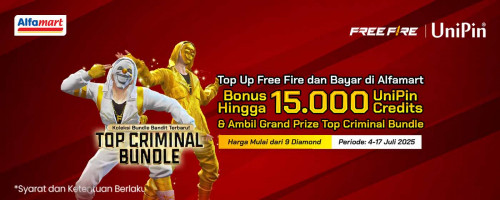 Top Up FF dan Bayar di Alfamart, Dapatkan Bonus Hingga 15Ribu UniPin Credits dan Koleksi Bundle Bandit Terbaru!